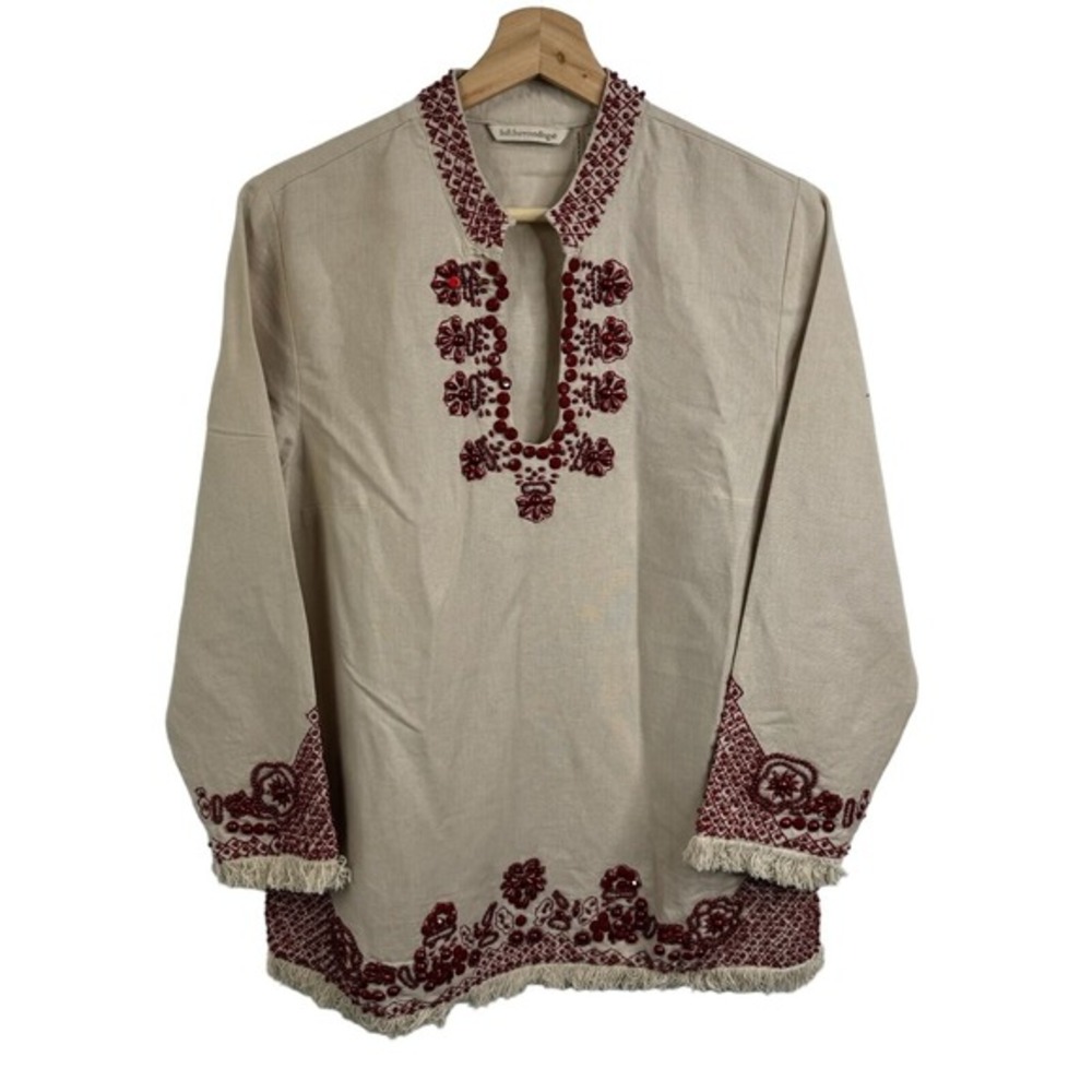 Soft Surroundings Sahara Tunic Red Beading Blouse Ivory V-Neck Small Long Sleeve